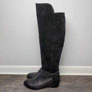 Kelsi Dagger Black Leather Front Suede Upper Almond Toe Over the Knee Boots 6